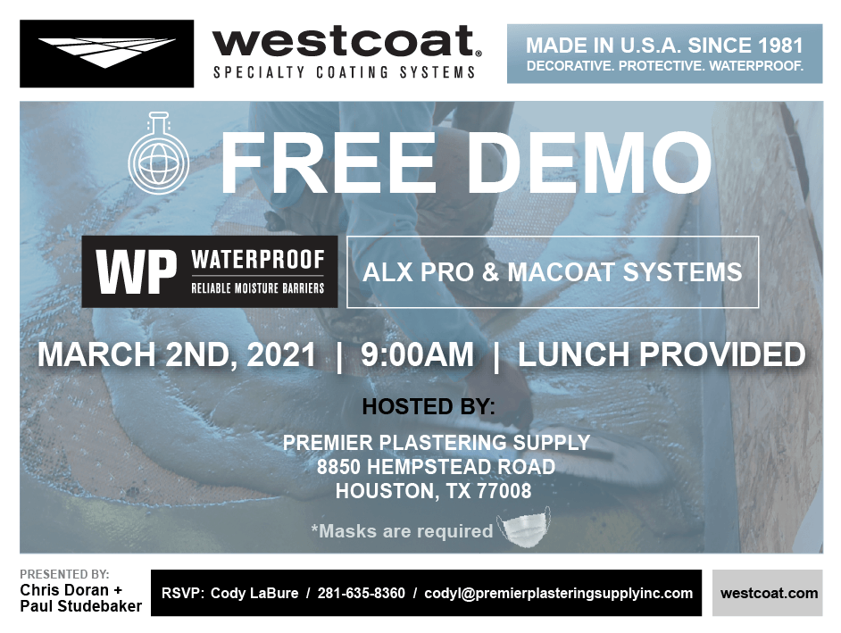 This live system demonstration will be presented by Chris Doran and Paul Studebaker, at Premier Plastering Supply in Houston Texas featuring ALX Pro and MACoat.